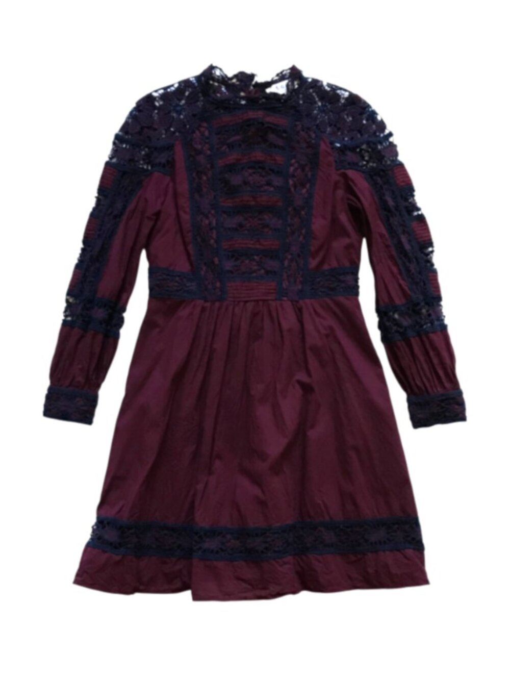 Sea NY Lace Detail Mini Dress Womens 4 Burgundy Maroon Navy Blue Long Sleeve